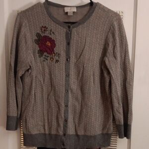 LOFT Gray Cardigan with Floral Embroidery